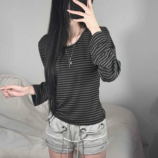 Striped Round Neck Slim Fit Inner Long Sleeve T-shirt