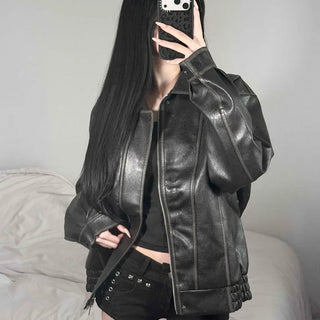 Leather Off-Shoulder Buckle Zipper Pocket Long Sleeve Jacket