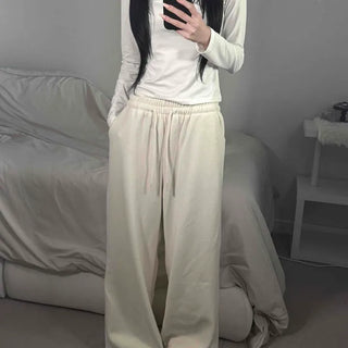Thick Fleece-Lined Two-Way Elastic Hem Drawstring Oversized Wide Sweatpants