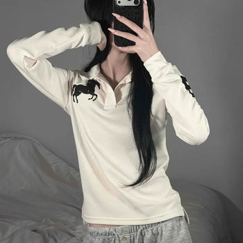 Collar Button Pony Lettering Embroidery Slim Fit Long Sleeve T-shirt