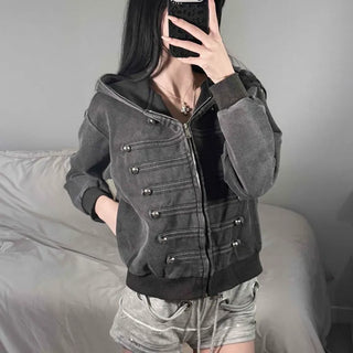 Napoleon Washed Hooded Ribbed Button Zipper Pocket Jacket