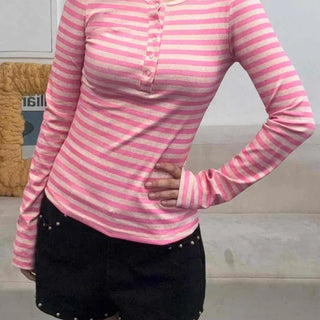 Henley Neck Button Stripe Stretchy Slim Fit Knit Long Sleeve T-shirt