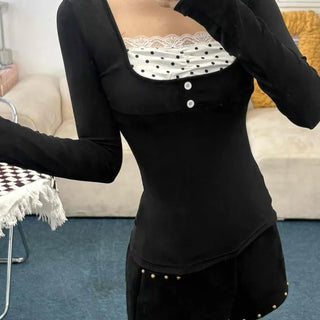 Square Neck Lace Button Layered Slim Fit Cotton Blend Long Sleeve T-shirt