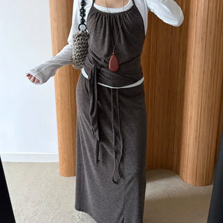 Dearly Shirring Wrap Halterneck Long Skirt Set