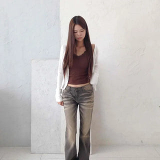 *OOTJ* Autumn Mood Warm Gray Low-Rise Vintage Wash Bootcut Denim Pants