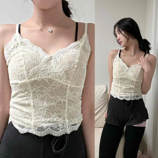 Flower Lace V-Neck Bralette Slim Fit Layered Sleeveless with Built-in Cups