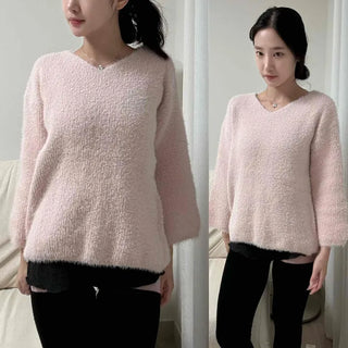 Angora V-neck Oversized Long-sleeve Knit