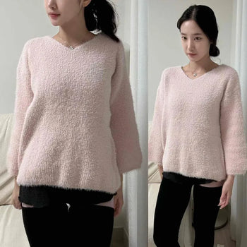Angora V-neck Oversized Long-sleeve Knit