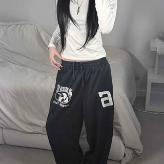 Lettering Training Elastic Waist Wide Set Long Pants
