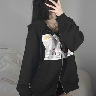 Oversized Cotton Lettering Drawstring Zip-up Hoodie
