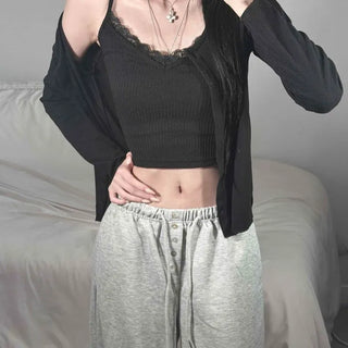 Ribbed Lace V-Neck Stretchy Layered Semi-Crop Sleeveless