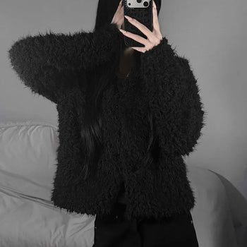 Sherpa Faux Fur Two-Way Asymmetrical Loose Fit V-Neck Button Cardigan