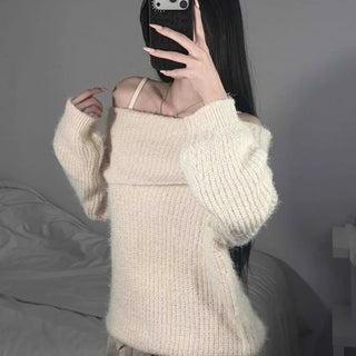 Off-shoulder Angora Fur Pine Needle Loose Fit Long Sleeve Knit