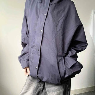 Contrast Hooded High-Neck Drawstring Zip-Up Work Oversized Field Jacket