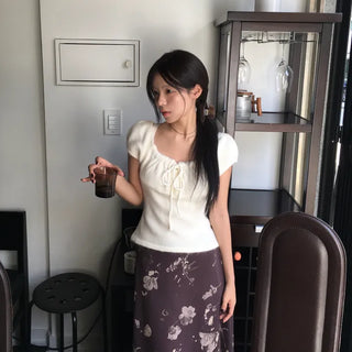 *Angora🪡* Rain Square Neck Ribbon Knit Blouse