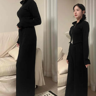 Ribbed Knit High-Neck Zip-Up Crop Tight-Fit Training Set