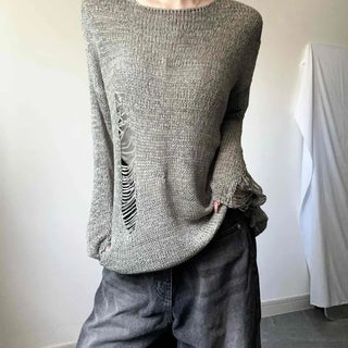 Distressed Slit Round Neck Loose Fit Long Sleeve Knit