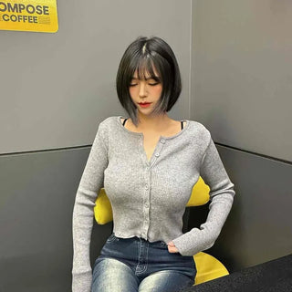 Ribbed Round Neck Button Crop Knit Cardigan