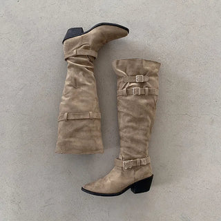 ◈Wide Fit◈High Boots◈Suede Long Boots Slouch Shirred Pleated Buckle Knee-High Boots Warmers Recommended for Curvy Figures Shoes