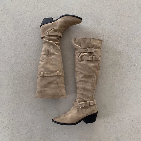 ◈Wide Fit◈High Boots◈Suede Long Boots Slouch Shirred Pleated Buckle Knee-High Boots Warmers Recommended for Curvy Figures Shoes