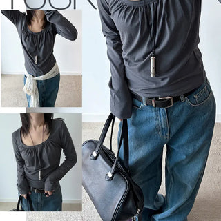 Ilin Shirred Deep U-Neck T-Shirt
