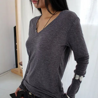 *Long Length* Wool Deep V-Neck Slim Fit Long Sleeve Tee Flowy Inner T-shirt