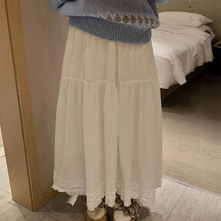 Yumeko Fleece-lined Frill Long Skirt Shirred Mink Fleece-lined Corduroy A-line Long Skirt Winter