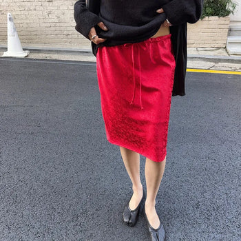 Benny Flower Rose Satin H-Line Low-Rise String Midi Skirt