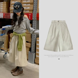 Minute Cotton Pintuck Long Bermuda Pants Back Elastic A-line 3/4 Length Shorts Cotton Pants Cotton Trousers