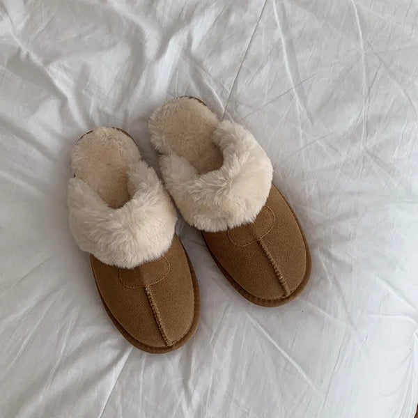 Up to XXL◈Cowhide◈Fur Slippers Winter Suede Fur Shoes Couple Unisex Fur-lined Sherpa Shoes