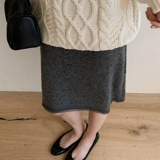 Zenith Lace Midi Skirt Knit Skirt Layered String Ribbon Layered H-Line Wool Skirt