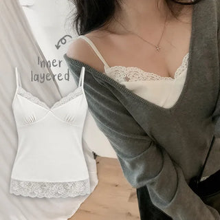 Poem Lace Strap Sleeveless Layered Fleece Sleeveless Inner Sleeveless V-Neck Sleeveless Camisole Fleece Autumn Winter