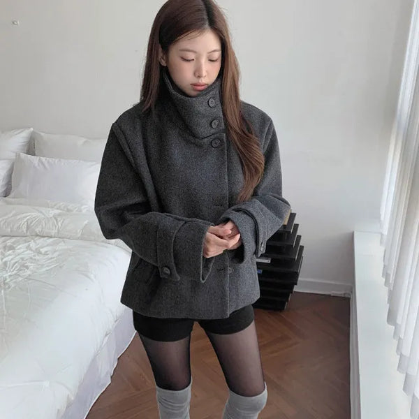 High-neck Short Coat Button Jacket Oversized Winter Wool Jacket Outerwear