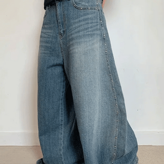Dinte Studded Washed Balloon Wide Denim Pants