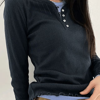 Cheese Eyelet Wavy Short Button Long Sleeve Tshirt