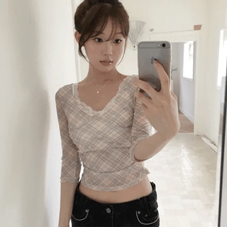 Taupe Check Lace Top