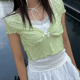 Puff Lace Shirred Top  Summer Short Sleeve Blouse Lace Layered Fake Layered Puff Ribbon Sleeveless Vintage Unique Y2K Pinterest Cardigan Summer