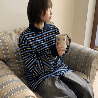 Konendi Striped Rugby Collared Tee
