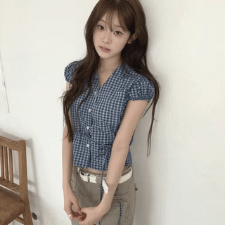 Pia Check Puff Ribbon Blouse Shirt