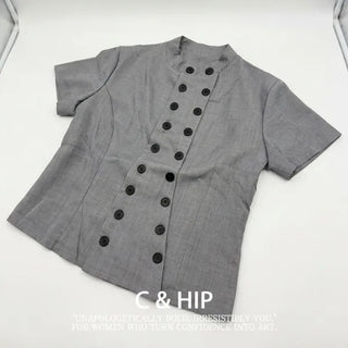 Double Button Mandarin Collar Short Sleeve Blouse / Y2K Vintage Collarless Semi-Crop Daily Wedding Guest Look Pinterest Look Geek Chic Diagonal Buttons