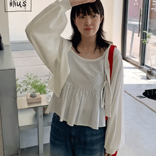 Pohen Ribbed Ribbon Crop Cardigan