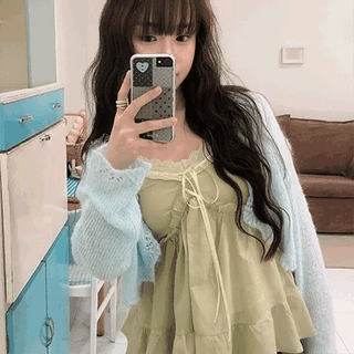 Jeju Island Outfit* Pomel Frill Sleeveless Blouse