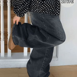 Yambi Washed Denim Wide Fleece-Lined Pants