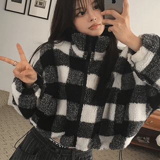 Sherpa Tumble Check String Crop Zip-Up Jumper