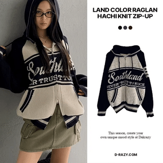 Land Color Block Raglan Hacci Knit Zip-up