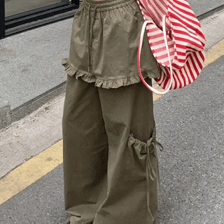 EN Shirred Lace Skirt Pants  Layered Lovely Lace See-through Shirred Skirt Pants Skirt Pants Crinkly Nylon Cargo Summer Pants Transitional Season Spring Clothes Wide Pants Elastic Waist Pants