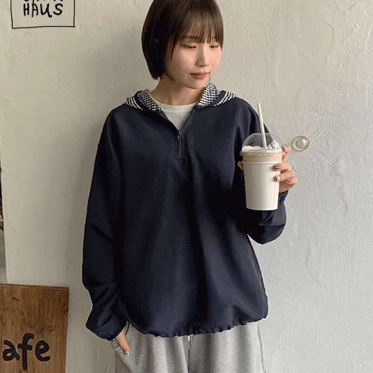 Mikang Check Color Block Nylon Half-Zip Hoodie