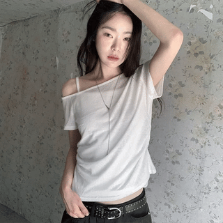 Corso Shirred Loose Fit Slub One-Shoulder Short Sleeve T-Shirt