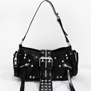 Chic Silver Studded Belted Leather Shoulder Bag / Hobo Bag Leather Bag Vintage Bag Belt Bag