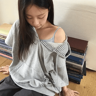 Hakanji check color block button hoodie short sleeve T-shirt